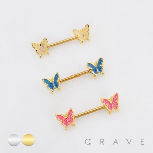 SPARKLING BUTTERFLY GLITTER CHARM NIPPLE RING 316L SURGICAL STEEL